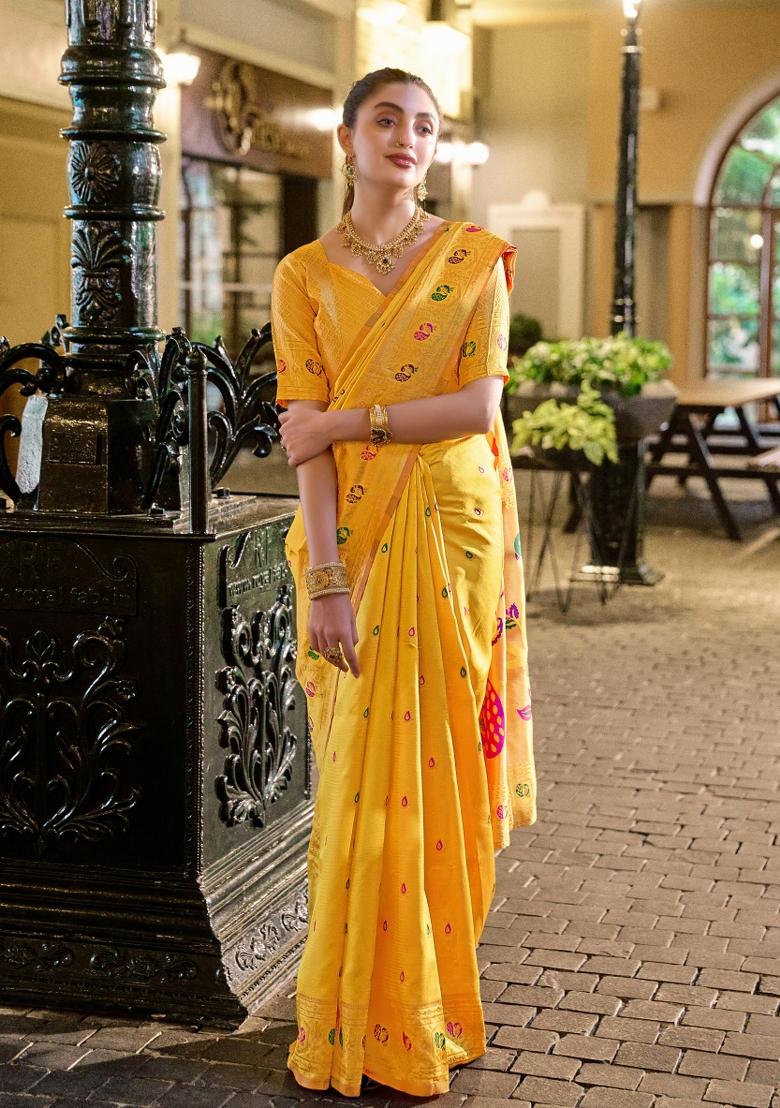 Yellow Woven Design Silk Saree Set - Indya