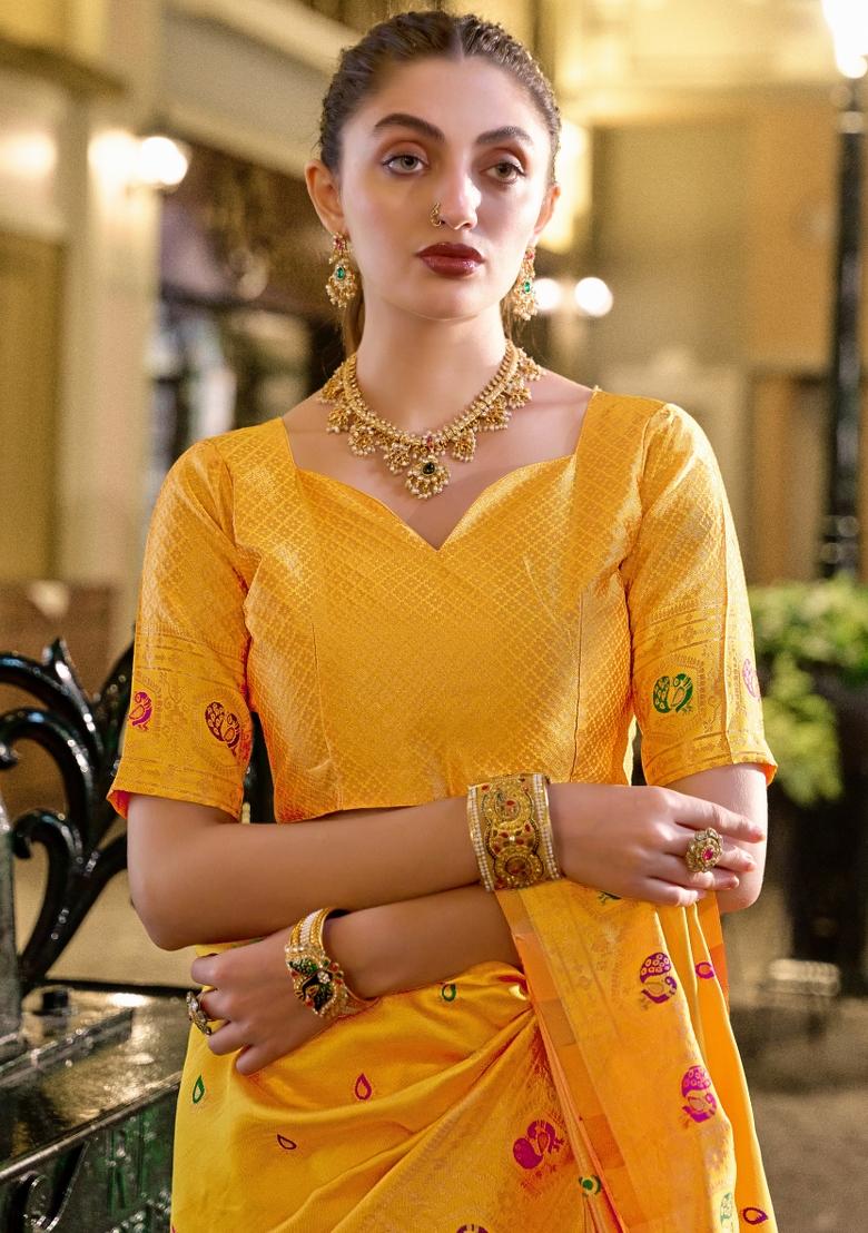 Yellow Woven Design Silk Saree Set - Indya