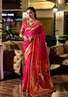 Rani Pink Woven Design Silk Saree Set