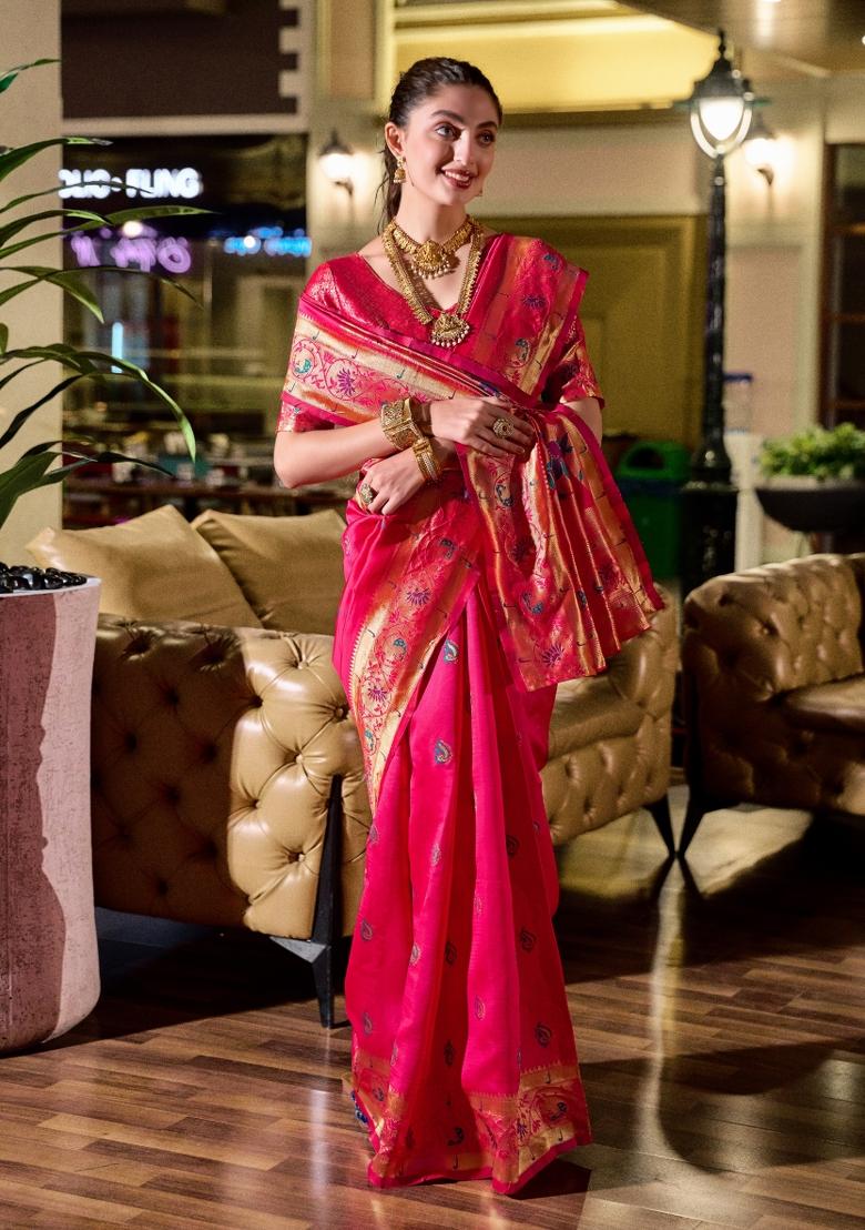 Rani Pink Woven Design Silk Saree Set - Indya