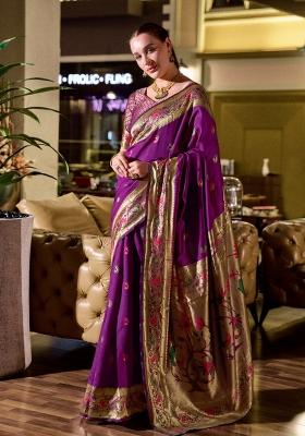 Purple Woven Design Silk Saree Set