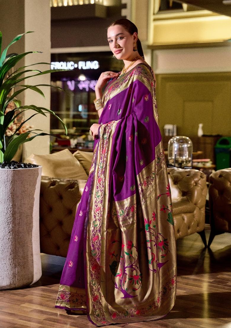 Purple Woven Design Silk Saree Set - Indya