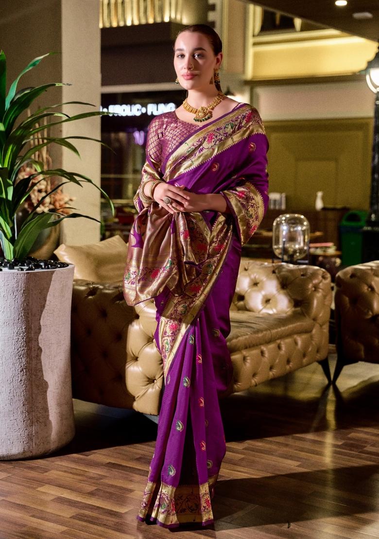 Purple Woven Design Silk Saree Set - Indya