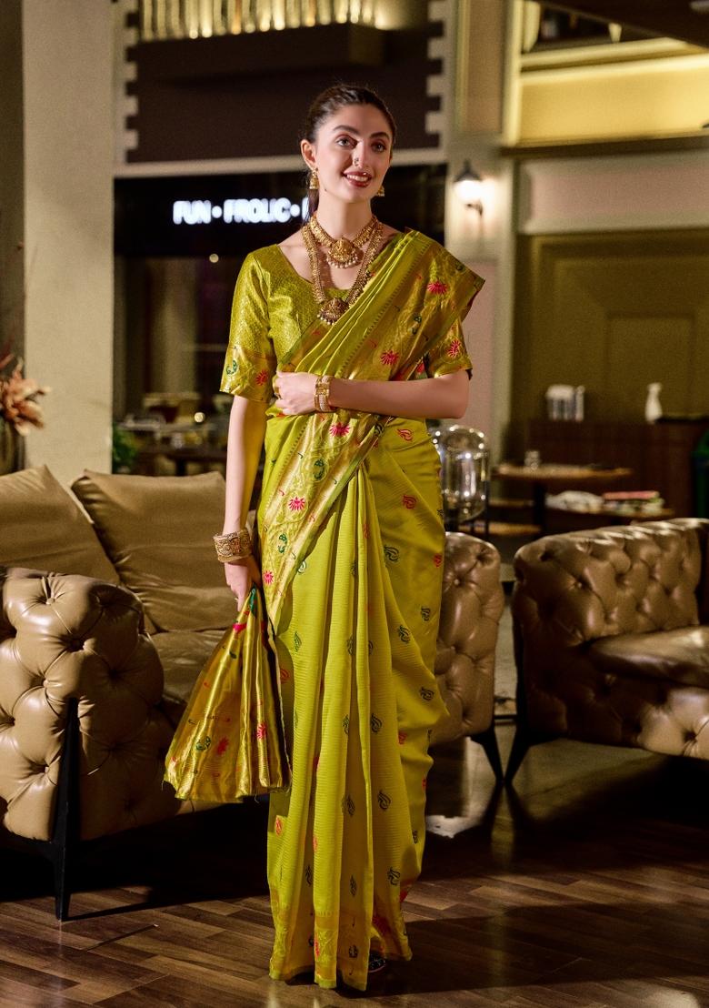 Parrot Green Woven Design Silk Saree Set - Indya