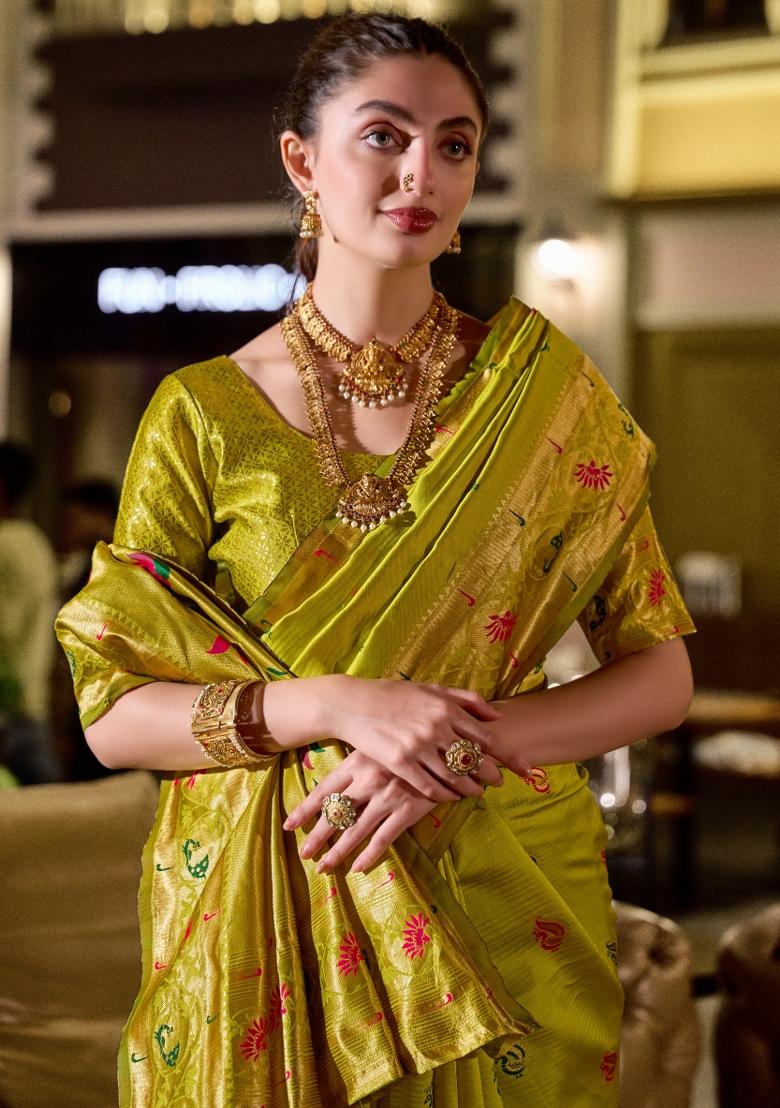 Parrot Green Woven Design Silk Saree Set - Indya