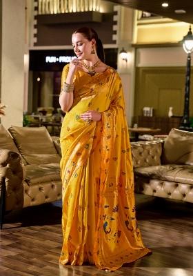 Yellow Woven Design Silk Saree Set