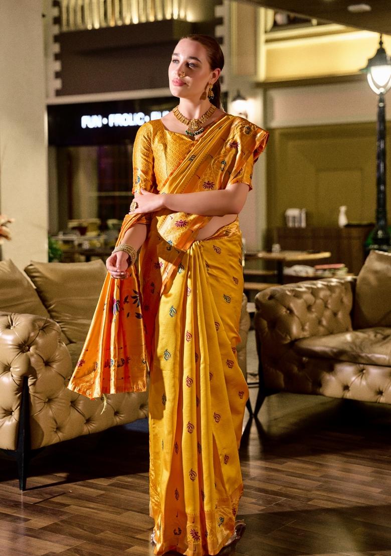 Yellow Woven Design Silk Saree Set - Indya