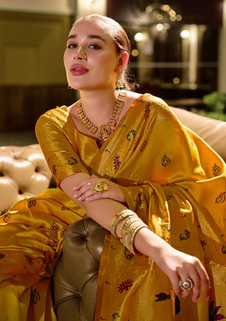Yellow Woven Design Silk Saree Set - Indya