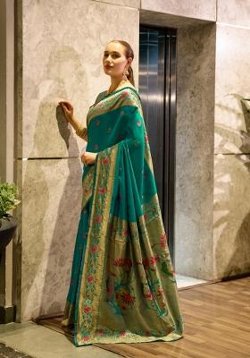 Teal Woven Design Silk Saree Set