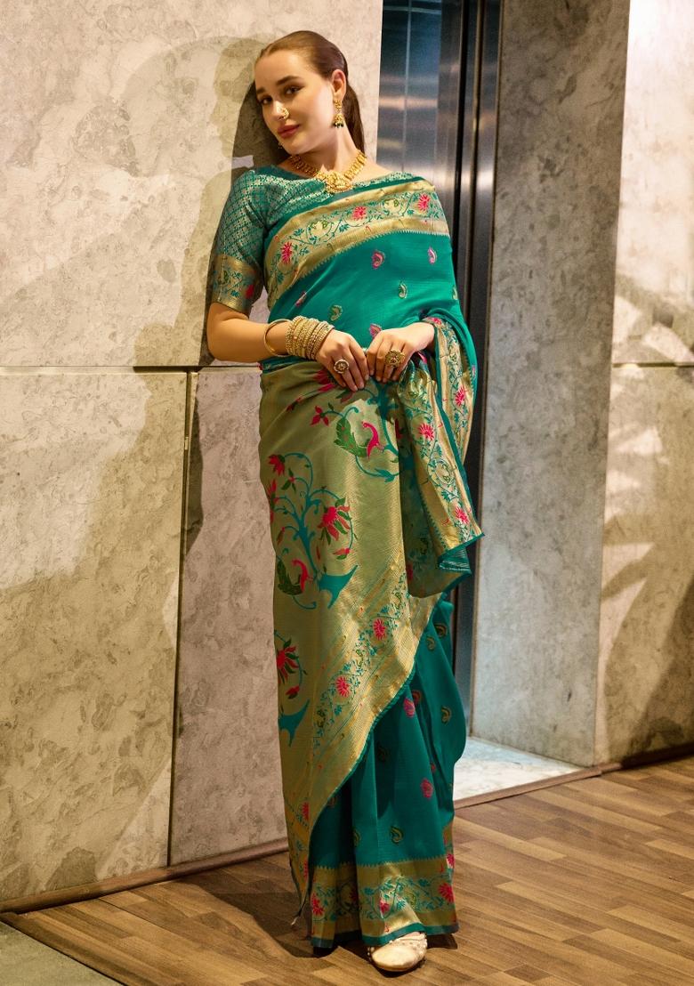 Teal Woven Design Silk Saree Set - Indya