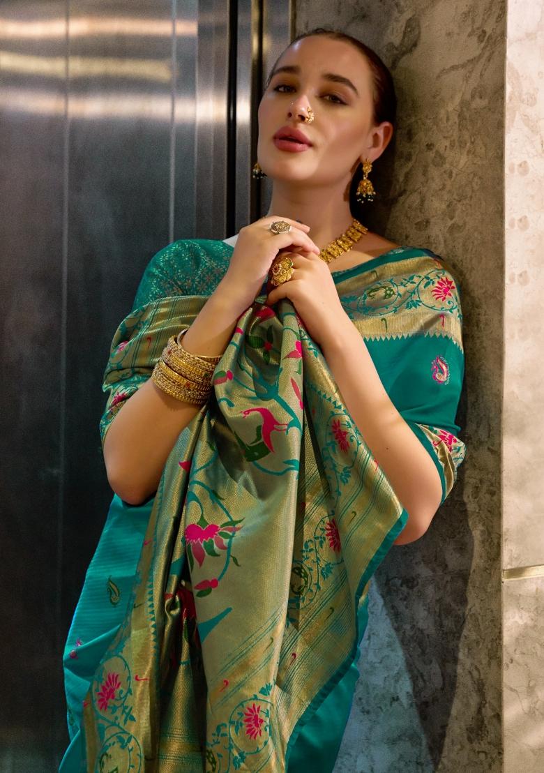 Teal Woven Design Silk Saree Set - Indya