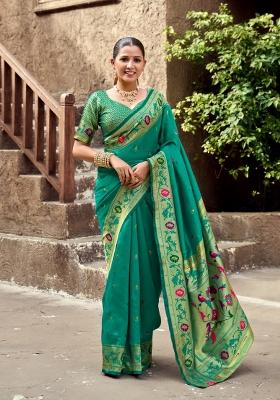 Teal Woven Design Silk Saree Set