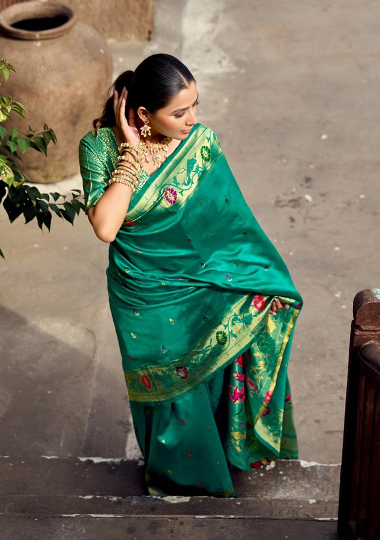 Teal Woven Design Silk Saree Set - Indya