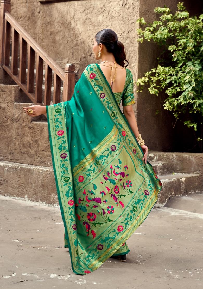 Teal Woven Design Silk Saree Set - Indya
