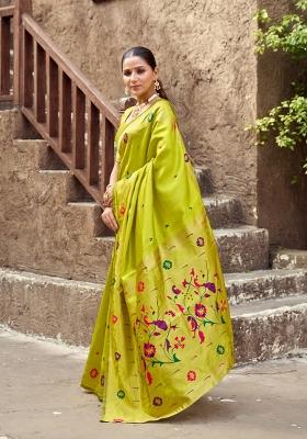 Parrot Green Woven Design Silk Saree Set