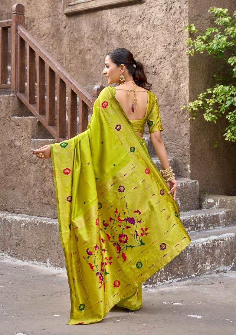 Parrot Green Woven Design Silk Saree Set - Indya