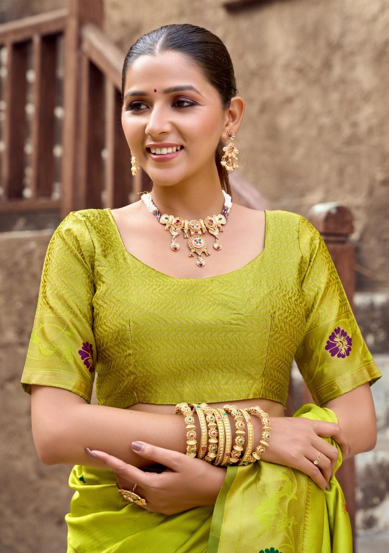 Parrot Green Woven Design Silk Saree Set - Indya