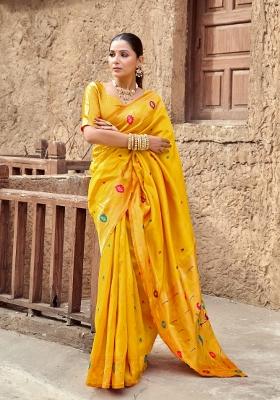 Yellow Woven Design Silk Saree Set