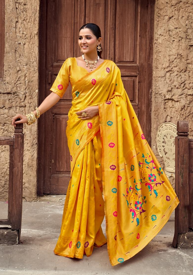 Yellow Woven Design Silk Saree Set - Indya