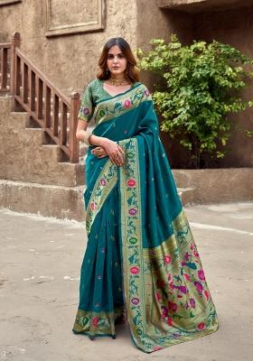 Dark Teal Woven Design Silk Saree Set