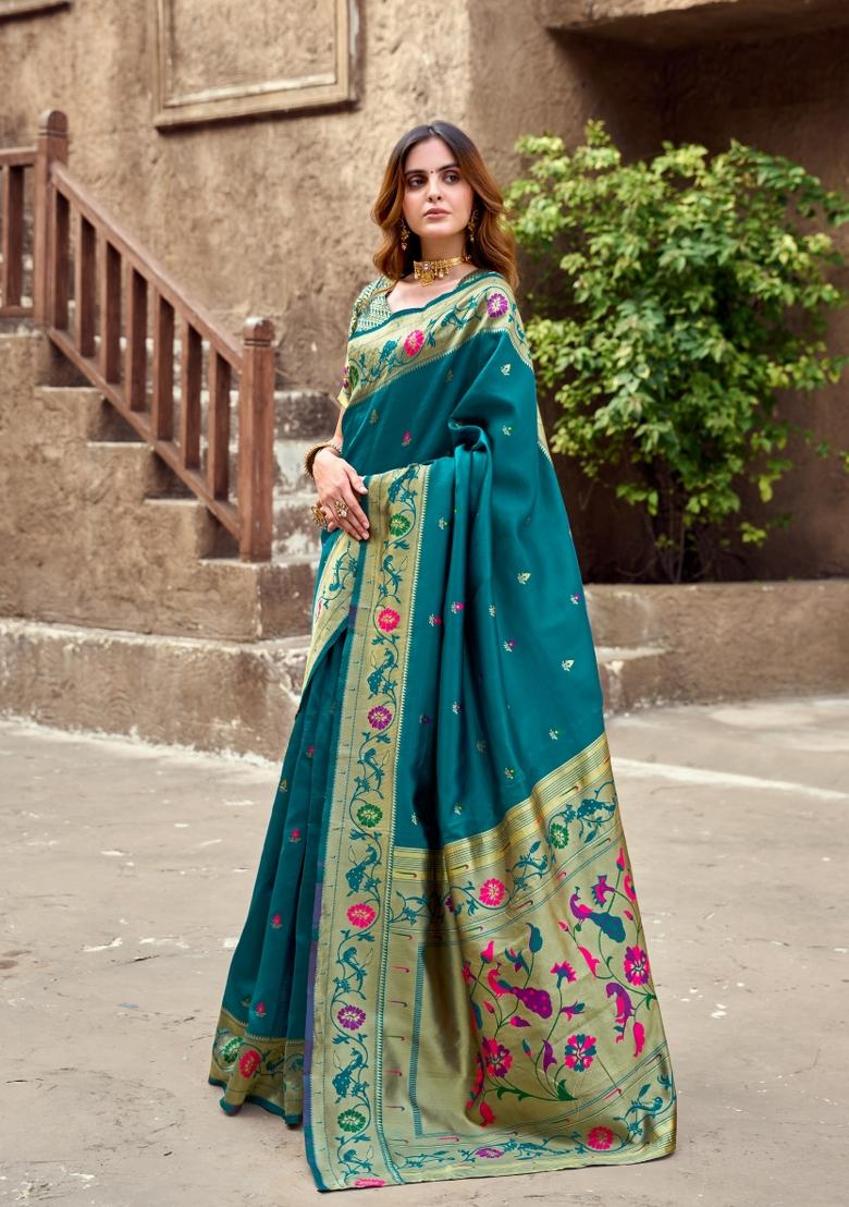 Dark Teal Woven Design Silk Saree Set - Indya