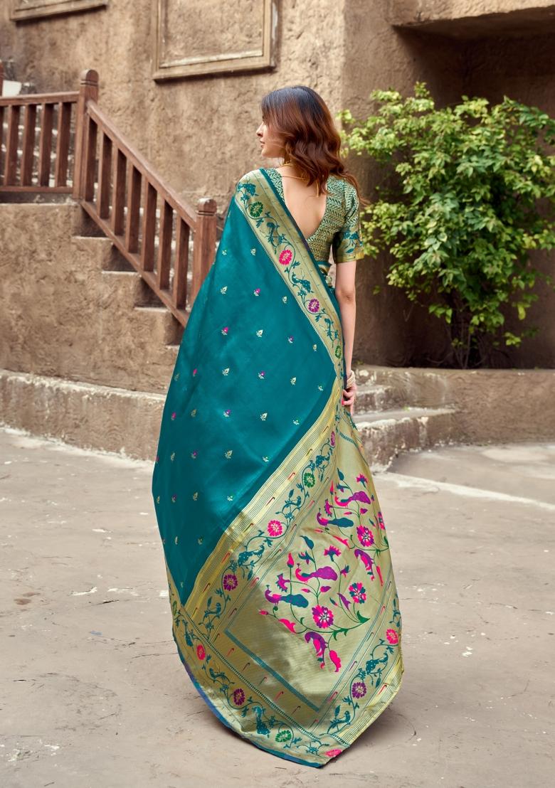 Dark Teal Woven Design Silk Saree Set - Indya