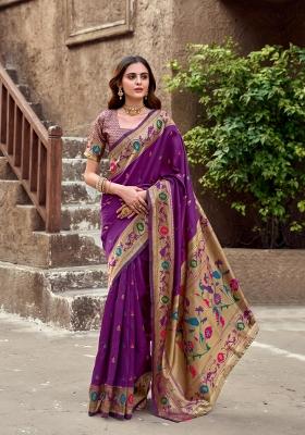 Purple Woven Design Silk Saree Set