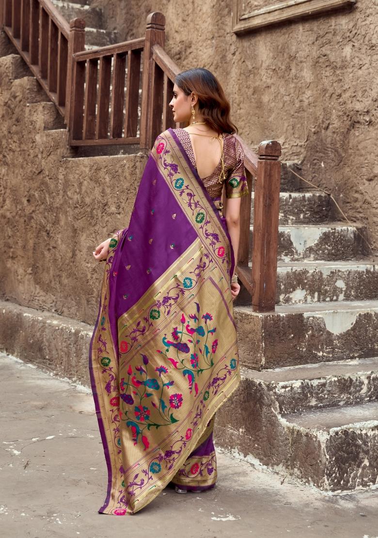 Purple Woven Design Silk Saree Set - Indya