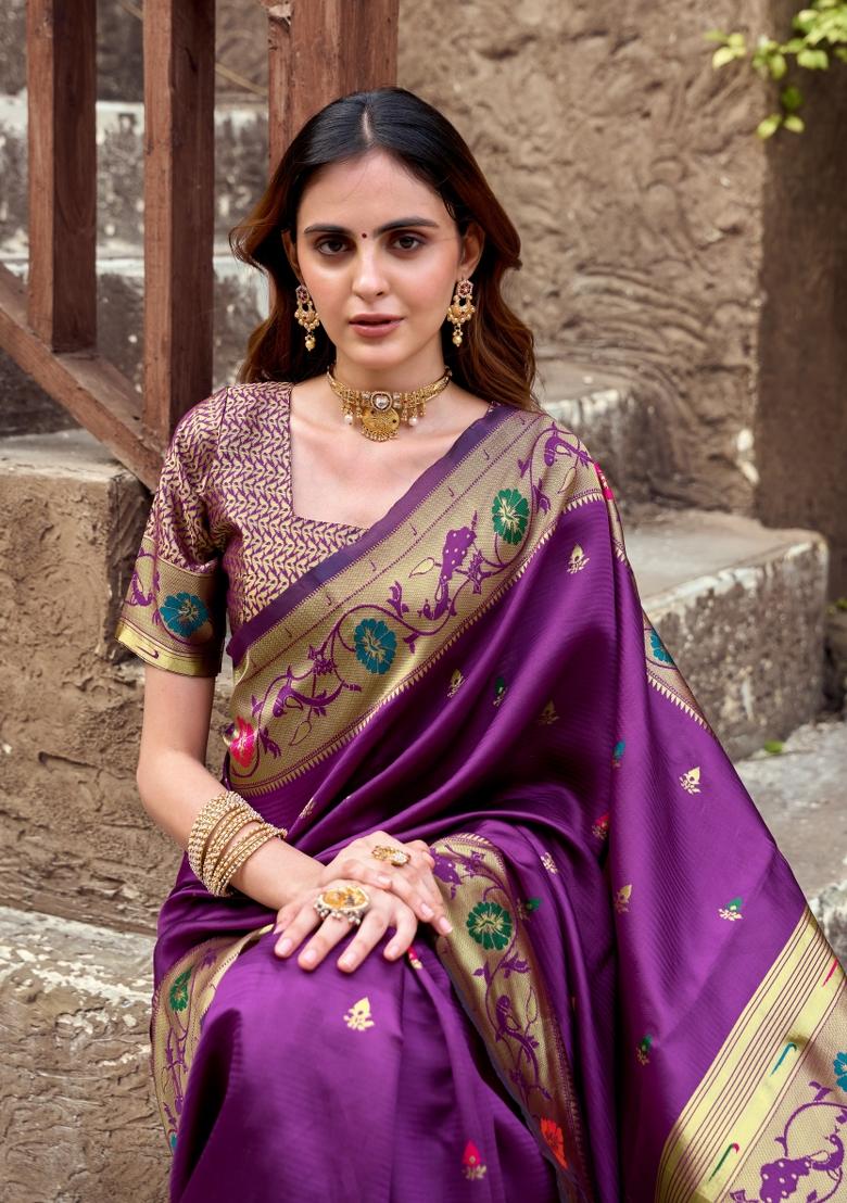 Purple Woven Design Silk Saree Set - Indya
