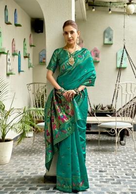 Teal Woven Design Silk Saree Set