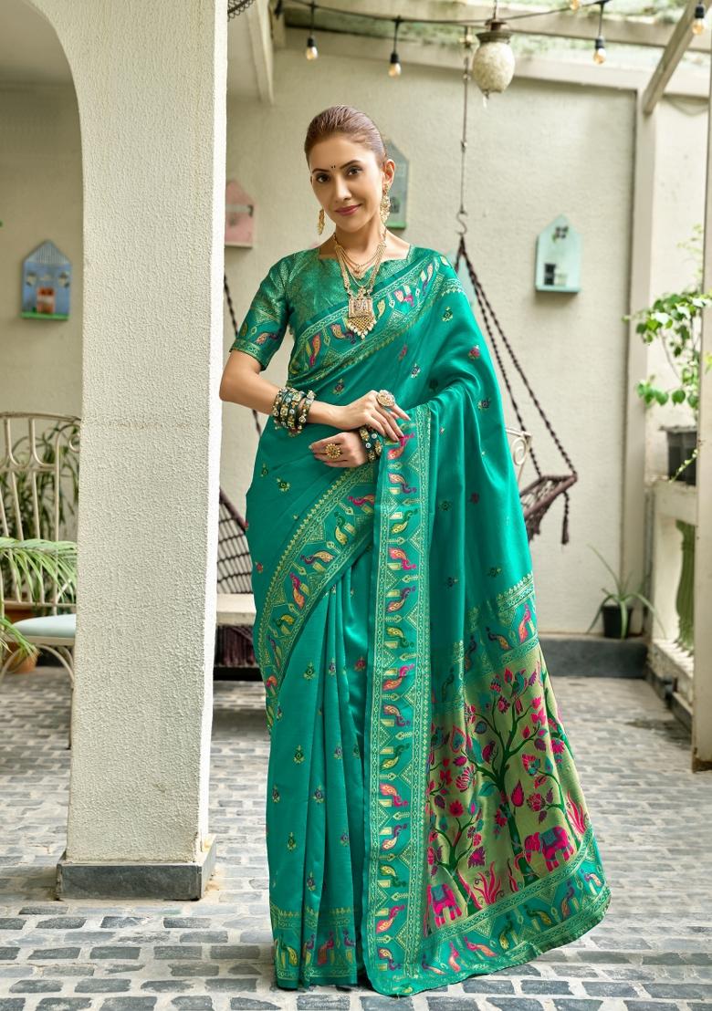 Teal Woven Design Silk Saree Set - Indya