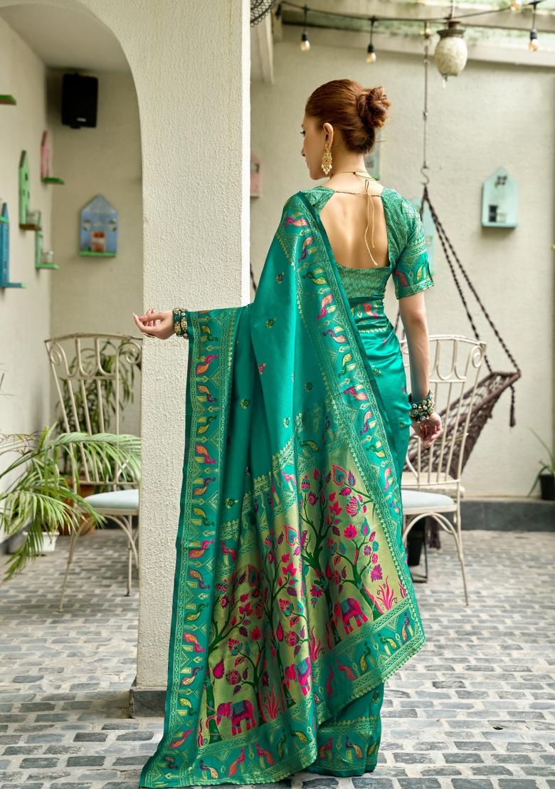 Teal Woven Design Silk Saree Set - Indya