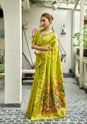 Parrot Green Woven Design Silk Saree Set