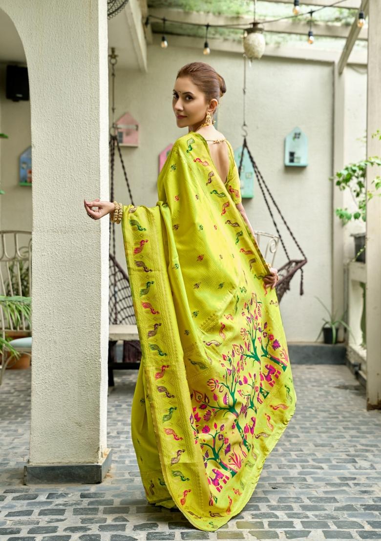 Parrot Green Woven Design Silk Saree Set - Indya
