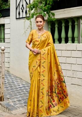Yellow Woven Design Silk Saree Set