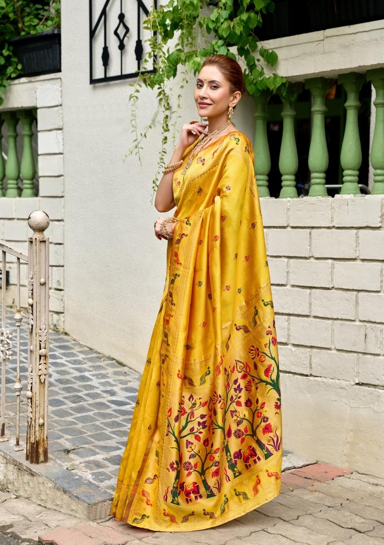 Yellow Woven Design Silk Saree Set - Indya