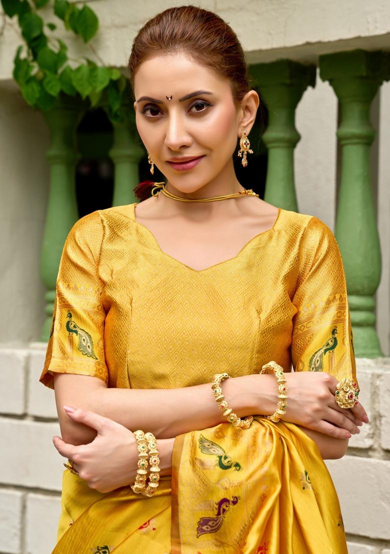 Yellow Woven Design Silk Saree Set - Indya