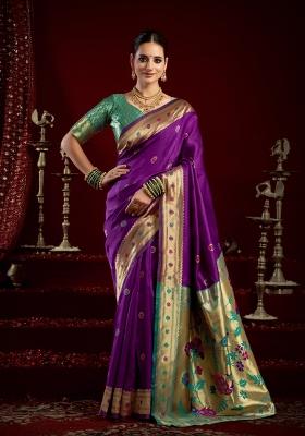 Purple Woven Design Silk Saree Set