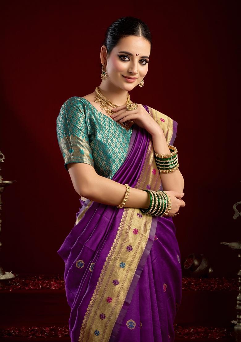Purple Woven Design Silk Saree Set - Indya