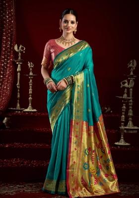 Teal Woven Design Silk Saree Set