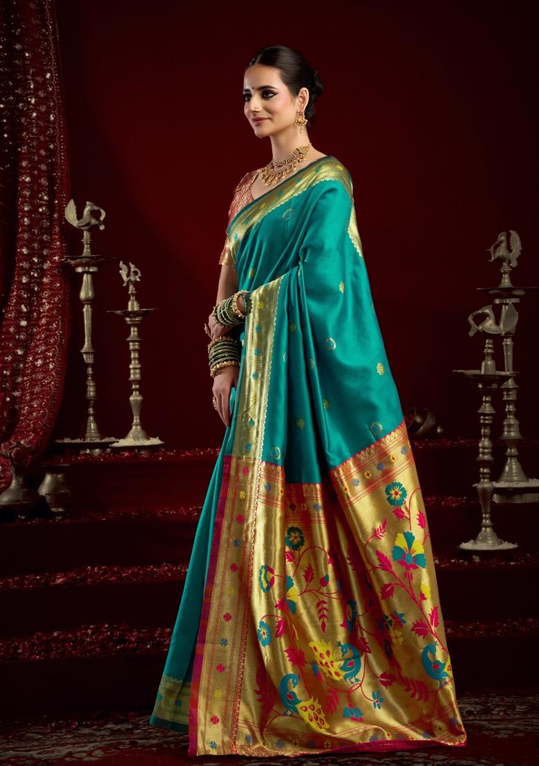 Teal Woven Design Silk Saree Set - Indya