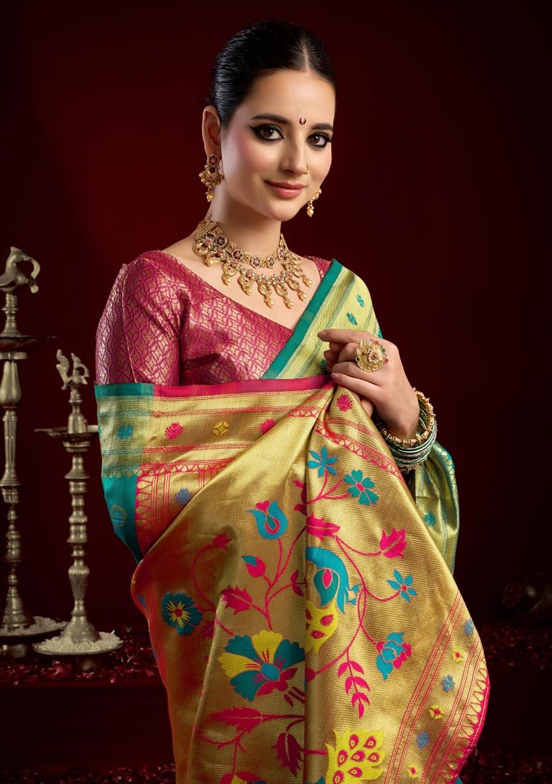 Teal Woven Design Silk Saree Set - Indya