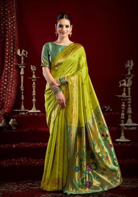 Parrot Green Woven Design Silk Saree Set