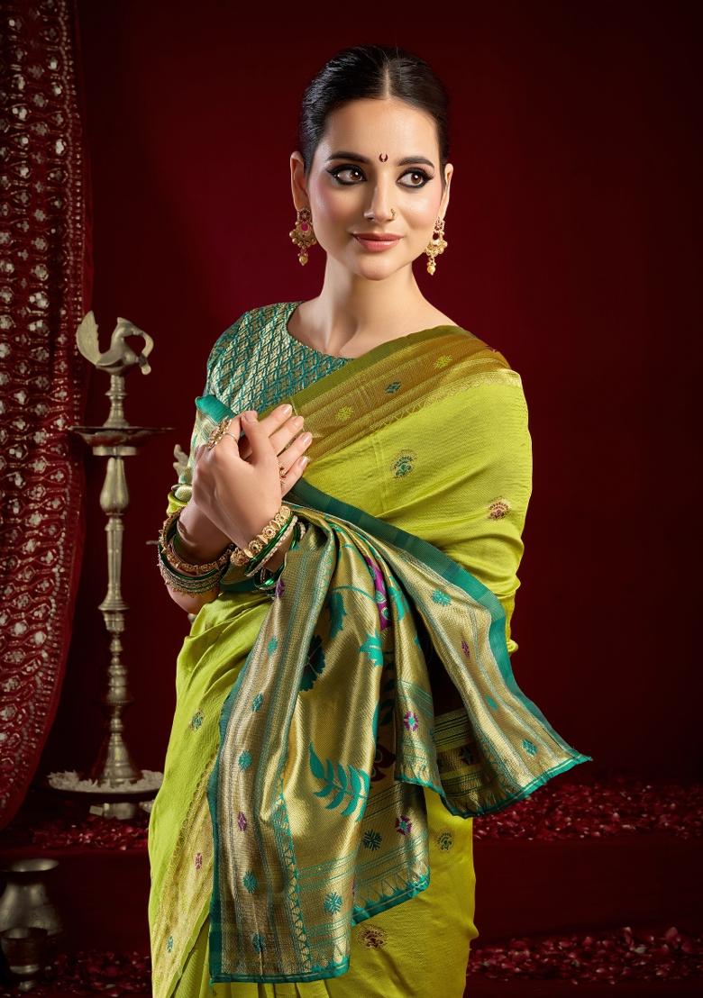 Parrot Green Woven Design Silk Saree Set - Indya