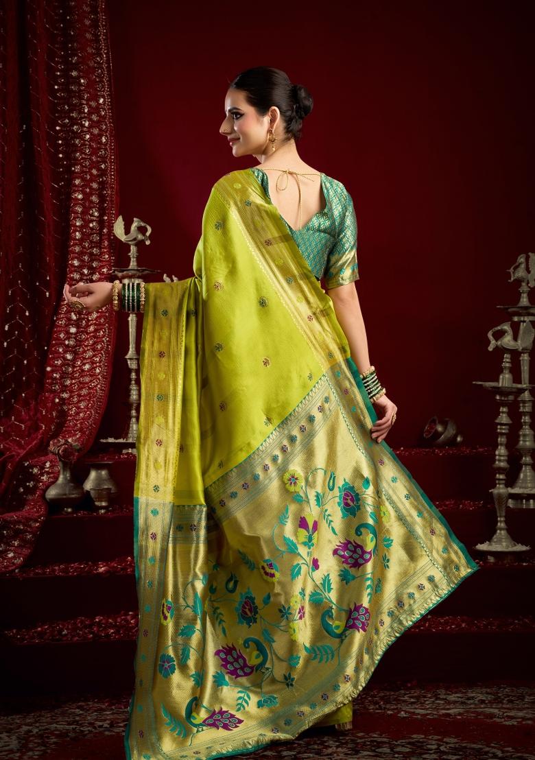 Parrot Green Woven Design Silk Saree Set - Indya