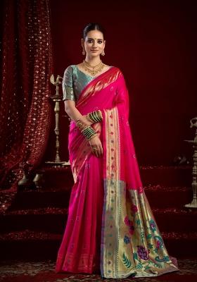 Rani Pink Woven Design Silk Saree Set