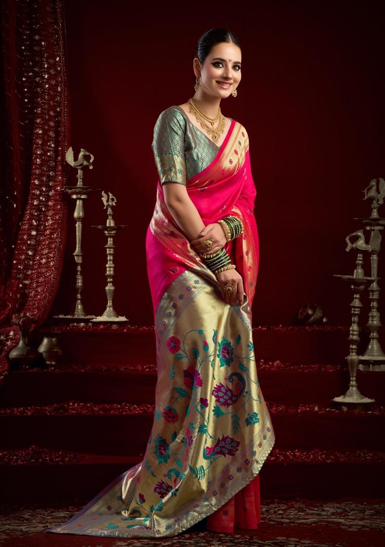 Rani Pink Woven Design Silk Saree Set - Indya