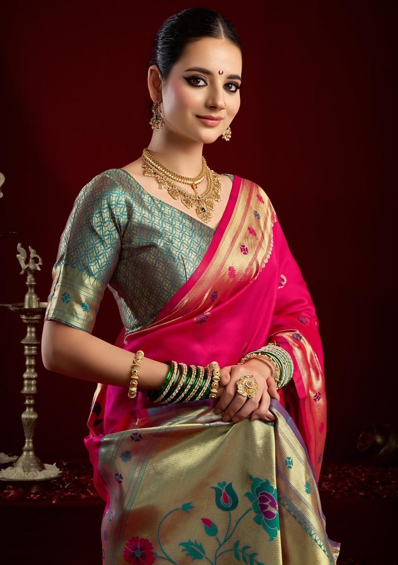 Rani Pink Woven Design Silk Saree Set - Indya