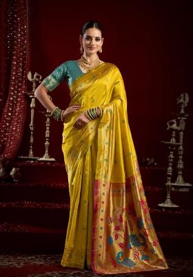 Yellow Woven Design Silk Saree Set