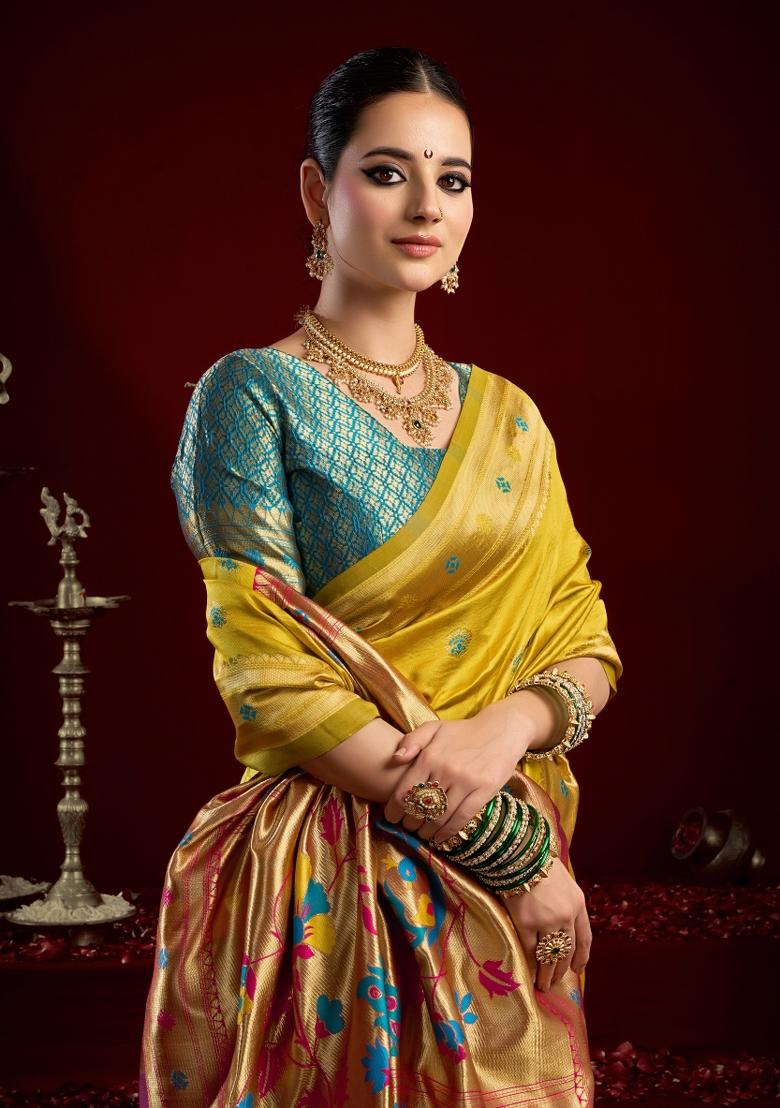 Yellow Woven Design Silk Saree Set - Indya